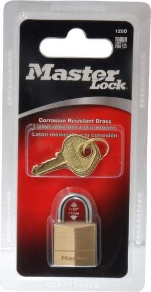 Master Lock - 7/16" Shackle Clearance, Keyed Different Solid Brasss Padlock - 5/32" Shackle Diam, Solid Brass - USA Tool & Supply