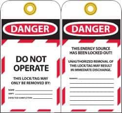 NMC - 3" High x 6" Long, DANGER - DO NOT OPERATE - THIS LOCK/TAG MAY ONLY BE REMOVED BY:, English Safety & Facility Lockout Tag - Tag Header: Danger, 2 Sides, Black, Red & White Unrippable Vinyl - USA Tool & Supply