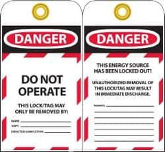 NMC - 3" High x 6" Long, DANGER - DO NOT OPERATE - THIS LOCK/TAG MAY ONLY BE REMOVED BY:, English Safety & Facility Lockout Tag - Tag Header: Danger, 2 Sides, Black, Red & White Unrippable Vinyl - USA Tool & Supply