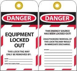 NMC - 3" High x 6" Long, DANGER - EQUIPMENT LOCKED OUT - THIS LOCK/TAG MAY ONLY BE REMOVED BY:, English Safety & Facility Lockout Tag - Tag Header: Danger, 2 Sides, Black, Red & White Unrippable Vinyl - USA Tool & Supply