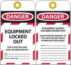 NMC - 3" High x 6" Long, DANGER - EQUIPMENT LOCKED OUT - THIS LOCK/TAG MAY ONLY BE REMOVED BY:, English Safety & Facility Lockout Tag - Tag Header: Danger, 2 Sides, Black, Red & White Unrippable Vinyl - USA Tool & Supply