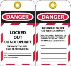 NMC - 3" High x 6" Long, DANGER - LOCKED OUT - DO NOT OPERATE - THIS LOCK/TAG MAY ONLY BE REMOVED BY:, English Safety & Facility Lockout Tag - Tag Header: Danger, 2 Sides, Black, Red & White Unrippable Vinyl - USA Tool & Supply