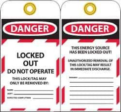 NMC - 3" High x 6" Long, DANGER - LOCKED OUT - DO NOT OPERATE - THIS LOCK/TAG MAY ONLY BE REMOVED BY:, English Safety & Facility Lockout Tag - Tag Header: Danger, 2 Sides, Black, Red & White Unrippable Vinyl - USA Tool & Supply