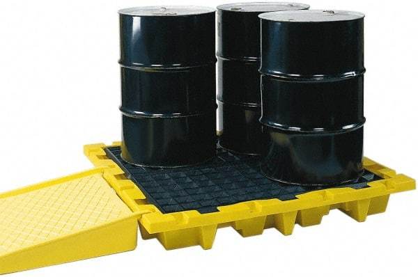 Eagle - 66 Gal Sump, 6,000 Lb Capacity, 4 Drum, Polyethylene Spill Deck or Pallet - 58-1/2" Long x 58-1/2" Wide x 13.43" High, Yellow, Liftable Fork, Drain Included, Low Profile, Vertical, 2 x 2 Drum Configuration - USA Tool & Supply