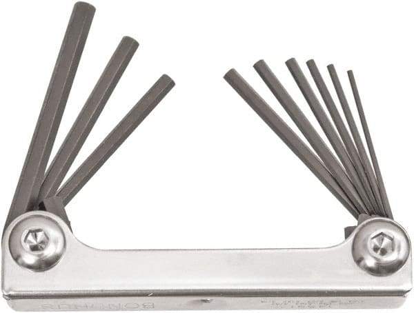 Bondhus - 9 Piece Fold-Up Ball End Hex Key Set - Hex Range 0.05 to 3/16", 4" OAL, Protanium High Torque Steel - USA Tool & Supply