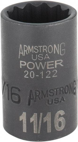 Armstrong - 11/16", 1/2" Drive, Standard Hand Socket - 12 Points, 1-29/64" OAL, Black Finish - USA Tool & Supply