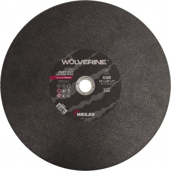 Weiler - 14" 30 Grit Aluminum Oxide Cutoff Wheel - 1/8" Thick, 1" Arbor, 4,400 Max RPM, Use with Chop Saws - USA Tool & Supply