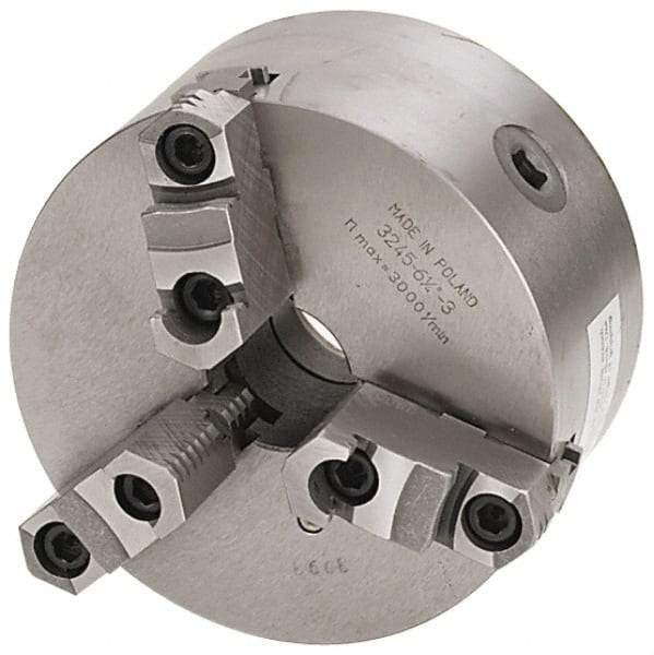 Bison - 3 Jaws, 6" Diam, Self Centering Manual Lathe Chuck - D1-5 Mount Spindle, Reversible, 4,500 Max RPM, 1.6535" Through Hole Diam, 0.0008" Axial Runout, 0.0012" Radial Runout, Forged Steel - USA Tool & Supply
