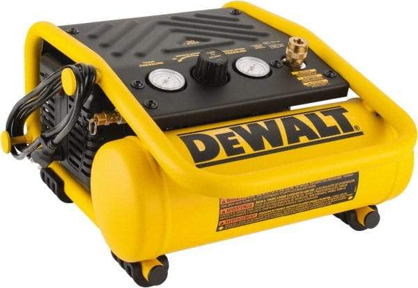 DeWALT - 0.3 HP, 0.6 CFM H, Carry Electric Oil Free Compressor - 1.0 Gallon Tank, 2.6 Amp, 135 Max psi, 120V - USA Tool & Supply