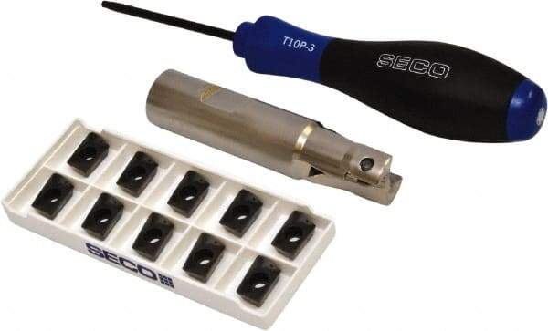 Seco - 3/4" Cut Diam, 0.433" Max Depth of Cut, 3/4" Shank Diam, 3.38" OAL, Indexable Square Shoulder End Mill - XO.X 1204.. Inserts, Weldon Shank, 90° Lead Angle, Through Coolant, Series Super Turbo - USA Tool & Supply