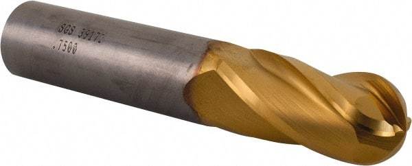 SGS - 3/4" Diam, 1-1/2" LOC, 4 Flute Solid Carbide Ball End Mill - TiN Finish, Single End, 4" OAL, 3/4" Shank Diam, Spiral Flute - USA Tool & Supply