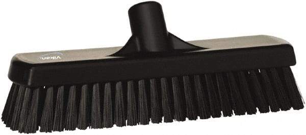 Vikan - 1.7" Bristle Length, Polyester Scrub Brush - 11-1/4" Long x 3" Wide Head, 12" OAL, European Threaded Handle, Black, Polypropylene Block - USA Tool & Supply