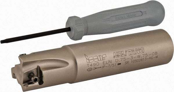 Iscar - 3/4" Cut Diam, 0.315" Max Depth of Cut, 3/4" Shank Diam, 3.38" OAL, Indexable Square Shoulder Helical End Mill - T490 LN.T 0804 Inserts, Weldon Shank, 90° Lead Angle, Series Helitang - USA Tool & Supply