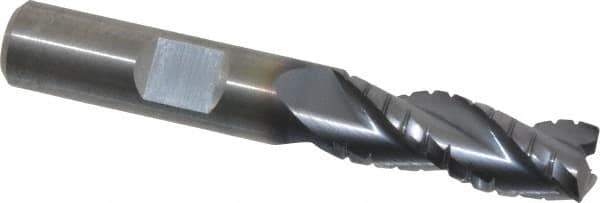 Kennametal - 3/8" Diam, Coarse Pitch, 1" LOC, 3 Flute Solid Carbide 0.02" Corner Radius Roughing End Mill - AlTiN Finish, 2-1/2" OAL, 3/8" Shank Diam, Centercutting, 30° Helix - USA Tool & Supply