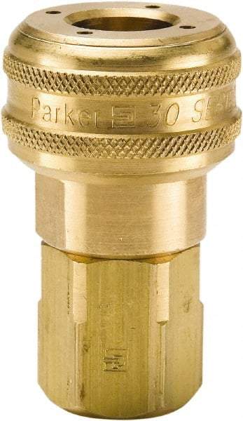 Parker - 1/2-14 Female NPTF Industrial Pneumatic Hose Coupler - Brass, 3/8" Body Diam - USA Tool & Supply