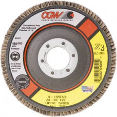 Camel Grinding Wheels - 60 Grit, 4-1/2" Disc Diam, 5/8-11 Center Hole, Type 27 Zirconia Alumina Flap Disc - 13,300 Max RPM, Poly Cotton Backing, Arbor Attaching System, Coated - USA Tool & Supply