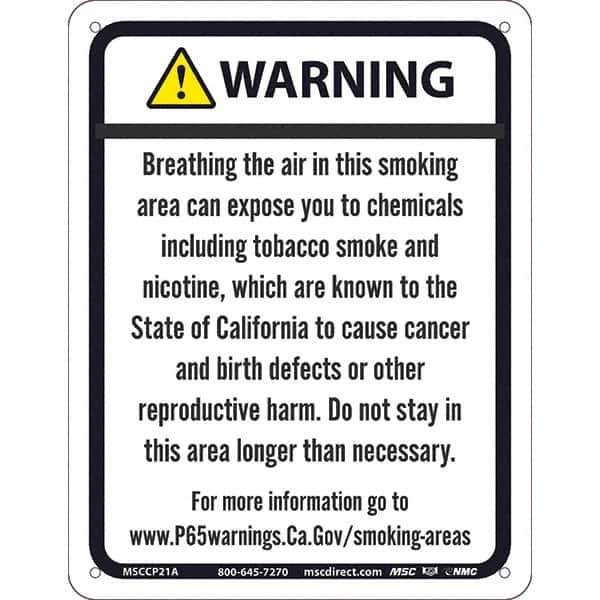 NMC - "WARNING BREATHING THE AIR IN THIS SMOKING AREA CAN EXPOSE YOU TO CHEMICALS\x85", 8-1/2" Long x 11" Wide, Aluminum Safety Sign - Rectangle, 0.04" Thick, Use for Hazardous Materials - USA Tool & Supply