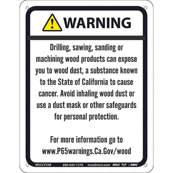 NMC - "WARNING DRILLING, SAWING, SANDING OR MACHINING WOOD PRODUCTS CAN EXPOSE YOU TO WOOD DUST\x85", 8-1/2" Long x 11" Wide, Rigid Plastic Safety Sign - Rectangle, 0.05" Thick, Use for Hazardous Materials - USA Tool & Supply