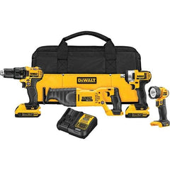 DeWALT - 20 Volt Cordless Tool Combination Kit - Includes 1/2" Drill/Driver, 1/2" Impact Wrench, Reciprocating Saw & Handheld Light, Lithium-Ion Battery Included - USA Tool & Supply