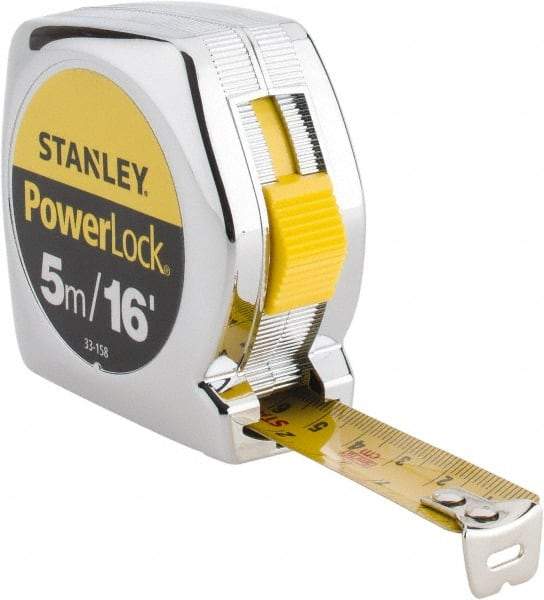 Stanley - 16' x 3/4" Yellow Blade Tape Measure - 1/32 & 1/16" & 1mm Graduation, Inch/Metric Graduation Style, Silver Case - USA Tool & Supply