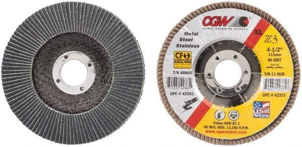 Camel Grinding Wheels - 80 Grit, 4-1/2" Disc Diam, 7/8" Center Hole, Type 29 Zirconia Alumina Flap Disc - 13,300 Max RPM, Poly Cotton Backing, Arbor Attaching System, Coated - USA Tool & Supply