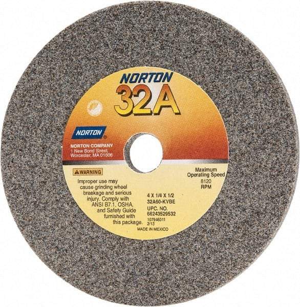 Norton - 60 Grit Aluminum Oxide Type 1 Internal Grinding Wheel - 4" Diam x 1/2" Hole x 1/4" Thick, 8,120 Max RPM, Type 1 Medium Grade, K Hardness, Vitrified Bond - USA Tool & Supply