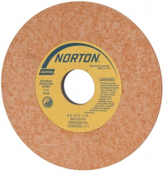 Norton - 6" Diam x 1-1/4" Hole x 1/4" Thick, K Hardness, 150 Grit Surface Grinding Wheel - Aluminum Oxide, Type 1, Very Fine Grade, 4,140 Max RPM, Vitrified Bond, No Recess - USA Tool & Supply
