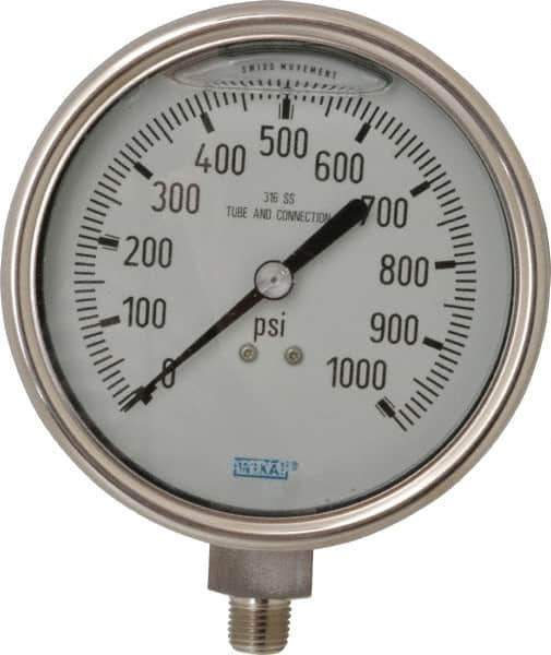 Wika - 4" Dial, 1/4 Thread, 0-1,000 Scale Range, Pressure Gauge - Lower Connection Mount, Accurate to 1% of Scale - USA Tool & Supply
