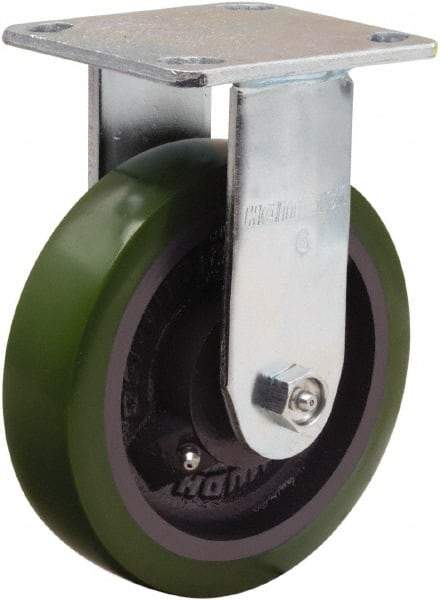 Hamilton - 6" Diam x 1-1/2" Wide x 7-1/2" OAH Top Plate Mount Rigid Caster - Polyurethane Mold onto Cast Iron Center, 550 Lb Capacity, Straight Roller Bearing, 4 x 4-1/2" Plate - USA Tool & Supply
