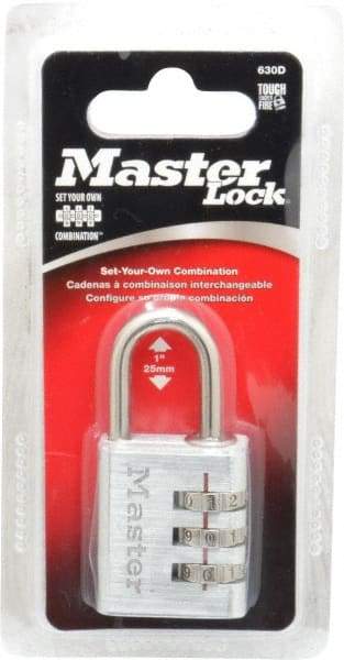 Master Lock - 1-3/16" Body Width, 1" Shackle Clearance, Die Cast Zinc Silver Coating Combination Lock - 3/16" Shackle Diam, 9/16" Shackle Width - USA Tool & Supply