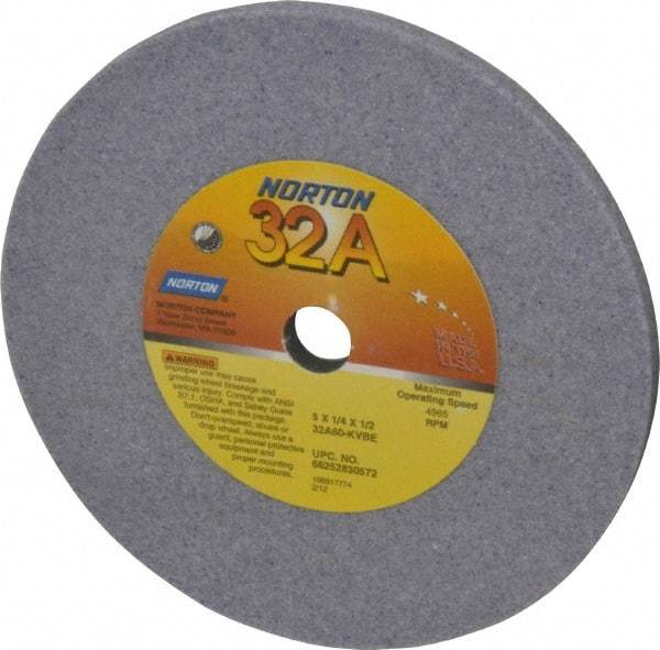 Norton - 60 Grit Aluminum Oxide Type 1 Internal Grinding Wheel - 5" Diam x 1/2" Hole x 1/4" Thick, 4965 Max RPM, Type 1 Medium Grade, K Hardness, Vitrified Bond, No Recess - USA Tool & Supply