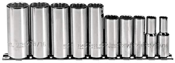 Proto - 10 Piece 3/8" Drive Deep Well Socket Set - 12 Points, 5/16" to 7/8" Range, Inch Measurement Standard - USA Tool & Supply