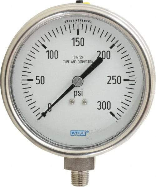 Wika - 4" Dial, 1/4 Thread, 0-300 Scale Range, Pressure Gauge - Lower Connection Mount, Accurate to 1% of Scale - USA Tool & Supply