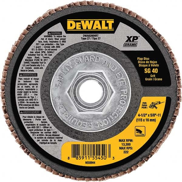 DeWALT - 4-1/2" 40 Grit 5/8-11 Center Hole Type 27 Ceramic Flap Disc - USA Tool & Supply