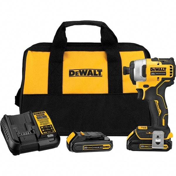 DeWALT - 20 Volt, 1/4" Drive, 116 Ft/Lb Torque, Cordless Impact Driver - Mid-Handle, 3000 RPM, 2 Lithium-Ion Batteries Included - USA Tool & Supply