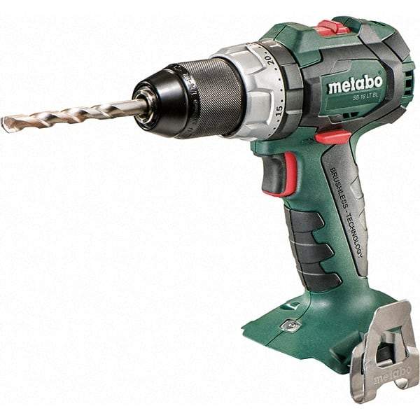 Metabo - 18 Volt 1/16 to 1/2" Keyless Chuck Cordless Hammer Drill - 31950 BPM, 600 to 2,100 RPM, Reversible, Pistol Grip Handle - USA Tool & Supply