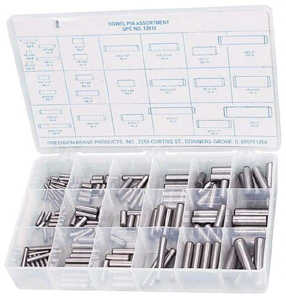 Precision Brand - 176 Piece, 1/16 to 1/2" Pin Diam, Dowel Pin Assortment - 1/2 to 2" Long, Steel, Uncoated - USA Tool & Supply