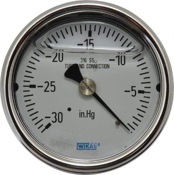 Wika - 2-1/2" Dial, 1/4 Thread, 30-0 Scale Range, Pressure Gauge - Center Back Connection Mount, Accurate to 2-1-2% of Scale - USA Tool & Supply