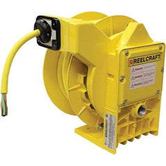 Reelcraft - 12 AWG, 50' Cable Length, Cord & Cable Reel with Flying Lead End - 0 Outlets, NEMA 4, 18 Amps, 600 Volts, SOW Cable, Yellow Reel - USA Tool & Supply