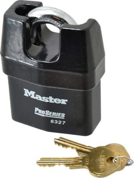 Master Lock - 3/4" Shackle Clearance, Keyed Different Padlock - 7/8" Shackle Width, 7/16" Shackle Diam, Laminated Steel - USA Tool & Supply