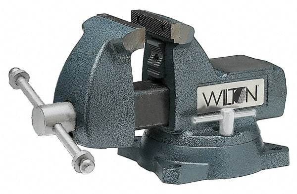 Wilton - 5" Jaw Width x 5-1/4" Jaw Opening Capacity, 3-3/4" Throat Depth, Bench & Pipe Combination Vise - 1/4 to 2-1/2" Pipe Capacity, Swivel Base, Bolt Down Attachment, Ductile Iron - USA Tool & Supply