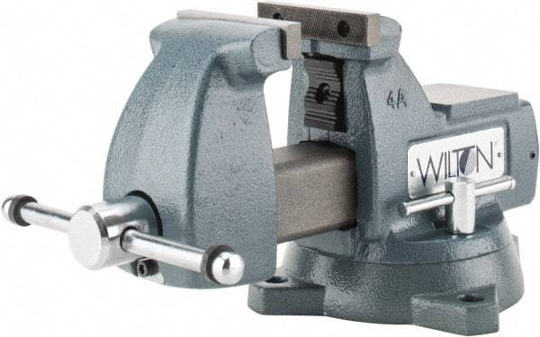 Wilton - 4" Jaw Width x 4-1/2" Jaw Opening Capacity, 3-7/16" Throat Depth, Bench & Pipe Combination Vise - 1/4 to 2" Pipe Capacity, Swivel Base, Bolt Down Attachment, Ductile Iron - USA Tool & Supply