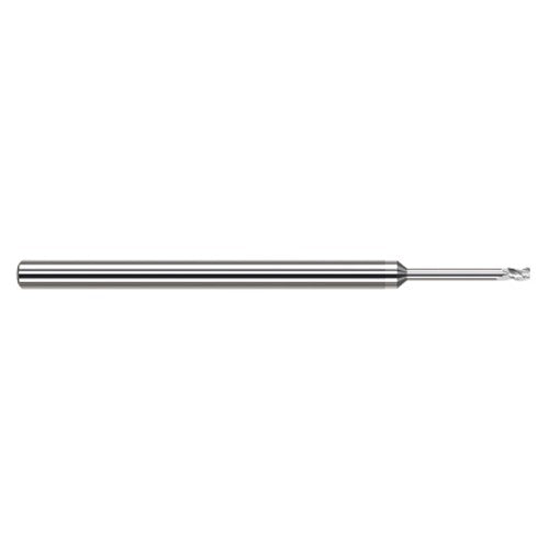Variable Helix End Mills for Aluminum Alloys - 0.0200″ Cutter Diameter × 0.0020″ Radius × 0.0300″ Length of Cut × 0.1000″ Reach Carbide Corner Radius End Mill for Aluminum Alloys, 3 Flutes, TiB2 Coated - Exact Industrial Supply
