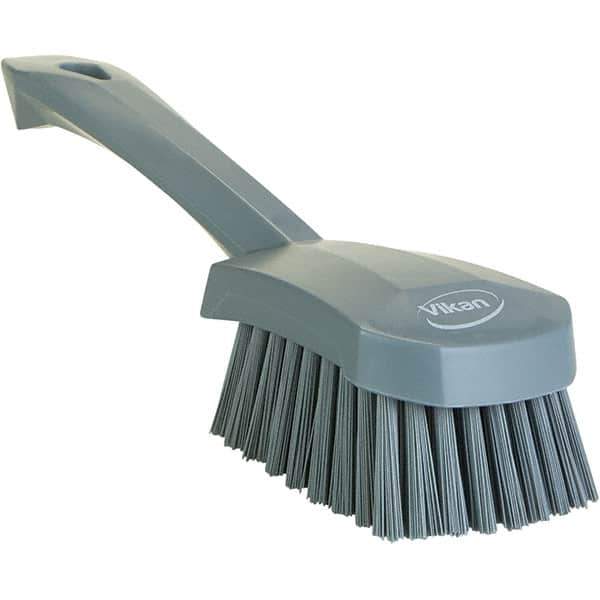 Vikan - 1.3" Bristle Length, Polyester Scrub Brush - 4-1/4" Long x 2-3/4" Wide Head, 10" OAL, Ergonomic Handle, Gray, Polypropylene Block - USA Tool & Supply