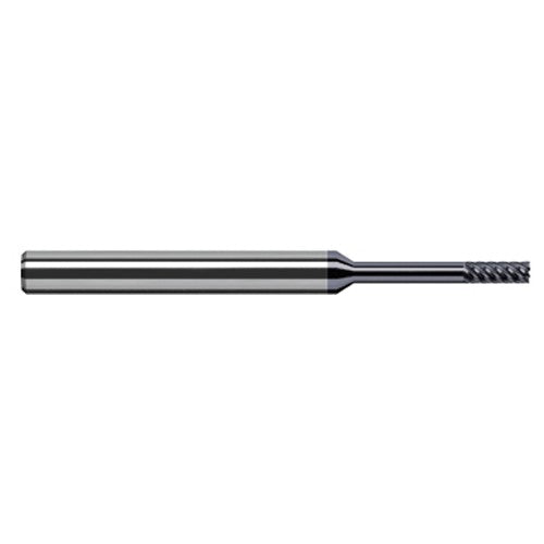 Variable Helix End Mills for Exotic Alloys - Finishers - 0.0310″ (1/32″) Cutter Diameter × 0.0930″ (3/32″) Length of Cut × 0.1560″ (5/32″) Reach Carbide Square End Mill Finisher for Exotic Alloys, 6 Flutes, AlTiN Nano Coated - Exact Industrial Supply