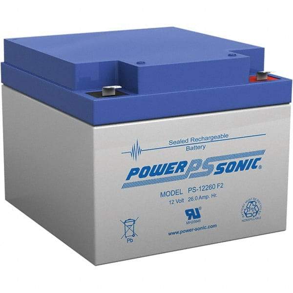 Power-Sonic - Lead-Acid, Quick-Disconnect Tab Terminal, 12 Volt, 26 Amp, Lead Rechargeable Battery - 1/4" Tab Width x 0.8mm Tab Thickness, 6.97" Wide x 4.92" High x 6.56" Deep - USA Tool & Supply