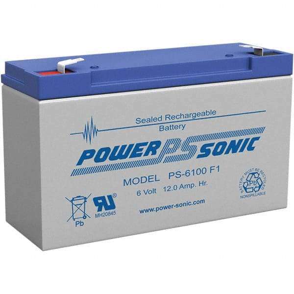 Power-Sonic - Lead-Acid, Quick-Disconnect Tab Terminal, 6 Volt, 12 Amp, Lead Rechargeable Battery - 3/16" Tab Width x 0.8mm Tab Thickness, 2" Wide x 3.7" High x 5.95" Deep - USA Tool & Supply