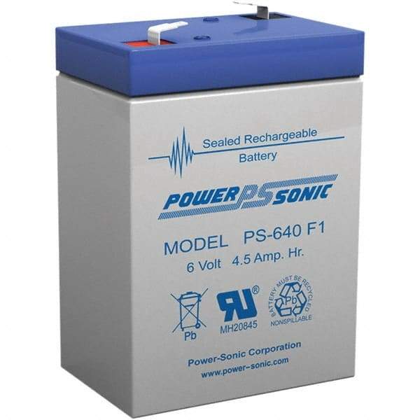 Power-Sonic - Lead-Acid, Quick-Disconnect Tab Terminal, 6 Volt, 4.5 Amp, Lead Rechargeable Battery - 3/16" Tab Width x 0.8mm Tab Thickness, 1.86" Wide x 3.94" High x 2.76" Deep - USA Tool & Supply