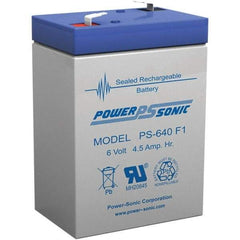 Power-Sonic - Lead-Acid, Quick-Disconnect Tab Terminal, 6 Volt, 4.5 Amp, Lead Rechargeable Battery - 3/16" Tab Width x 0.8mm Tab Thickness, 1.86" Wide x 3.94" High x 2.76" Deep - USA Tool & Supply
