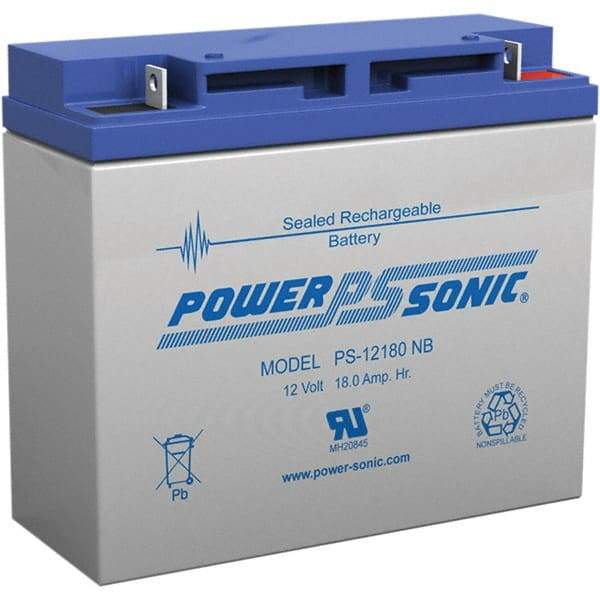 Power-Sonic - Lead-Acid, Nut/Bolt Terminal, 12 Volt, 18 Amp, Lead Rechargeable Battery - 5mm Hole Diam, 2mm Tab Thickness, 3" Wide x 6.59" High x 7.13" Deep - USA Tool & Supply